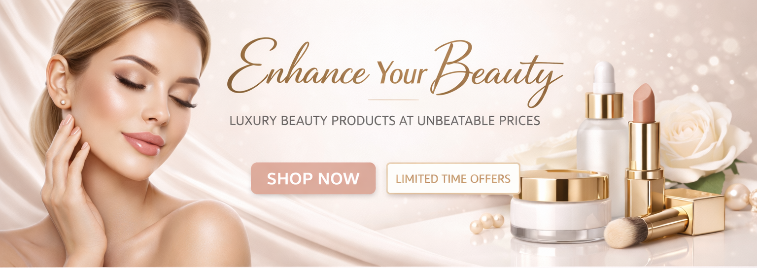 Cosmetic advertisement with a woman's face and beauty products on a white background